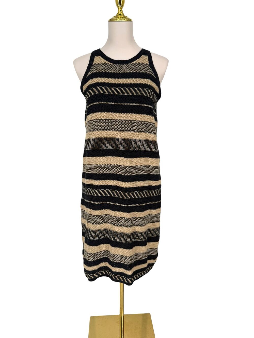 Lauren Ralph Lauren Sweater Dress L Petite Linen Cotton Tan Black Label Striped - Picture 2 of 10